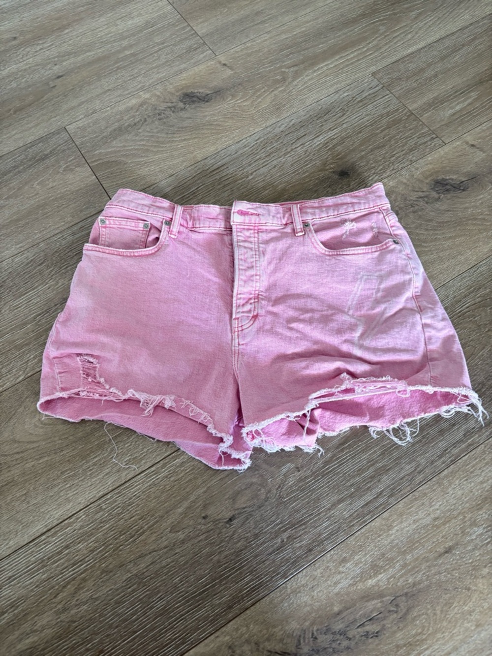 Pink Distressed High-Waist Denim Shorts